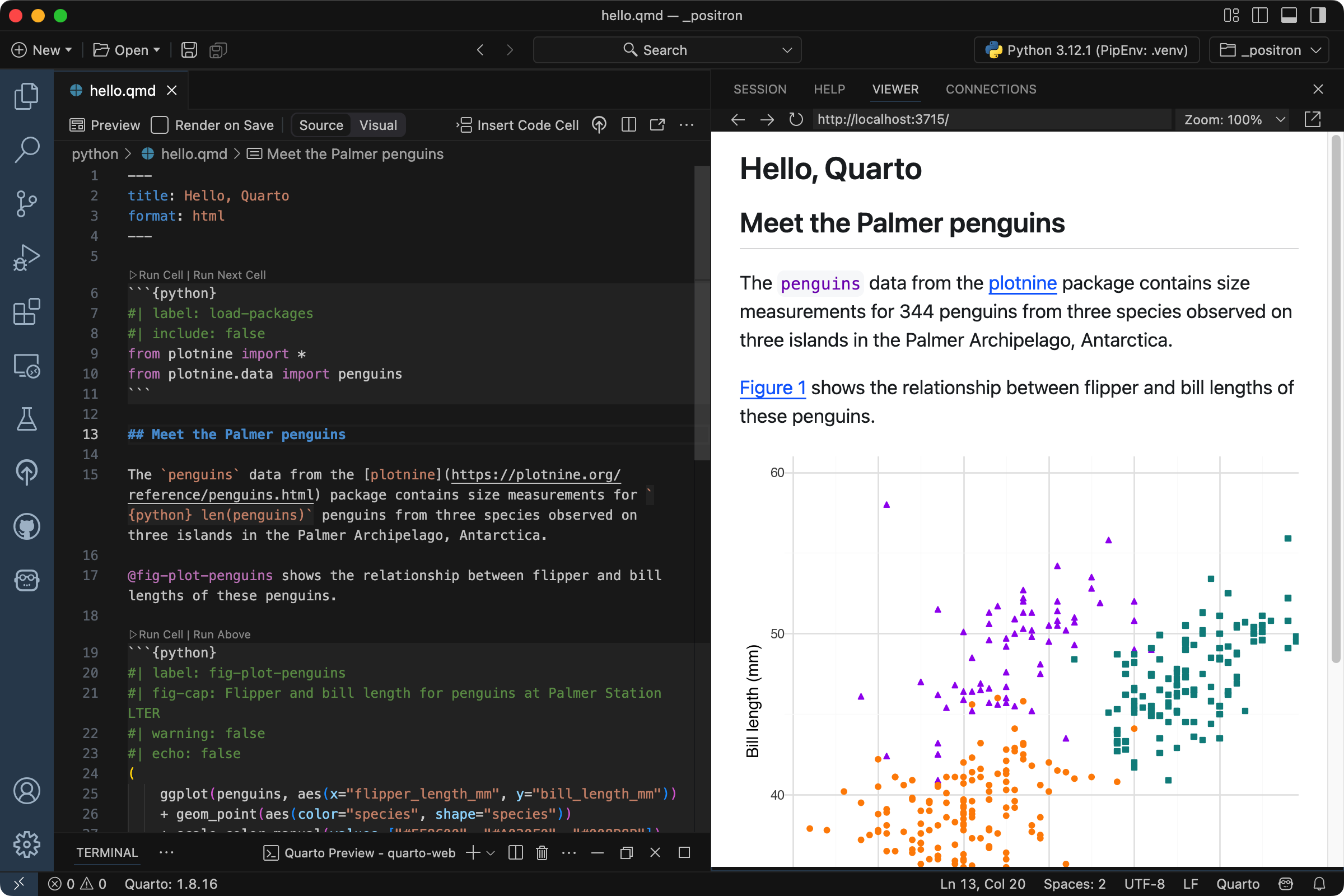 Positron with `hello.qmd` open in the Editor, and a preview open in the Viewer. The Editor shows a markdown section updated to 'Meet the Palmer penguins', the Viewer shows the same updated section title.